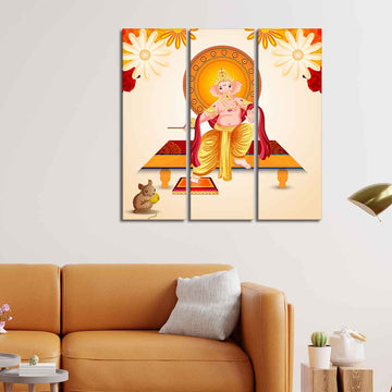Flower Art Lord Ganesha Wall Painting Set of Three