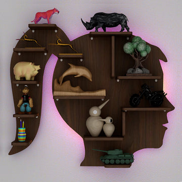 Girl Backlit Designer Wooden Wall Shelf / Book Shelf / Night Light, Walnut Finish