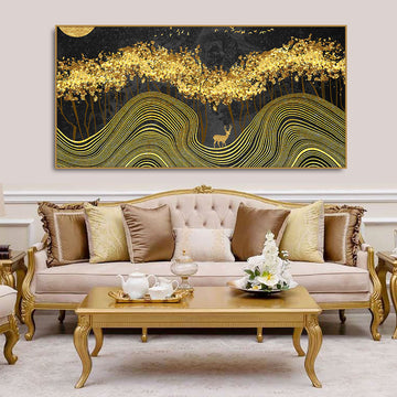 Miraculous Landscape with Golden Deer Texture Canvas Wall Painting