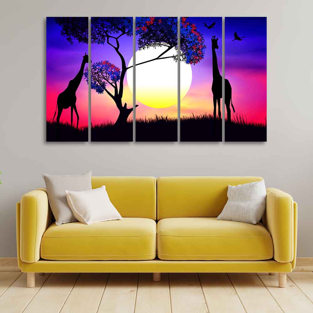 Pair of Giraffe at Night Canvas Wall Painting of Five Pieces – Homcraft