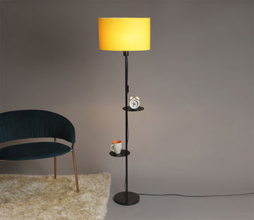 Premium Black Metal Finish Yellow Color Floor Lamp with 2 Storage Shelf