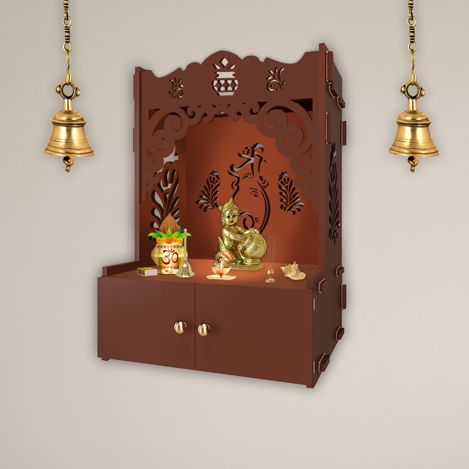 Beautiful Design of Lord Ganesh Brown Wooden Wall Temple