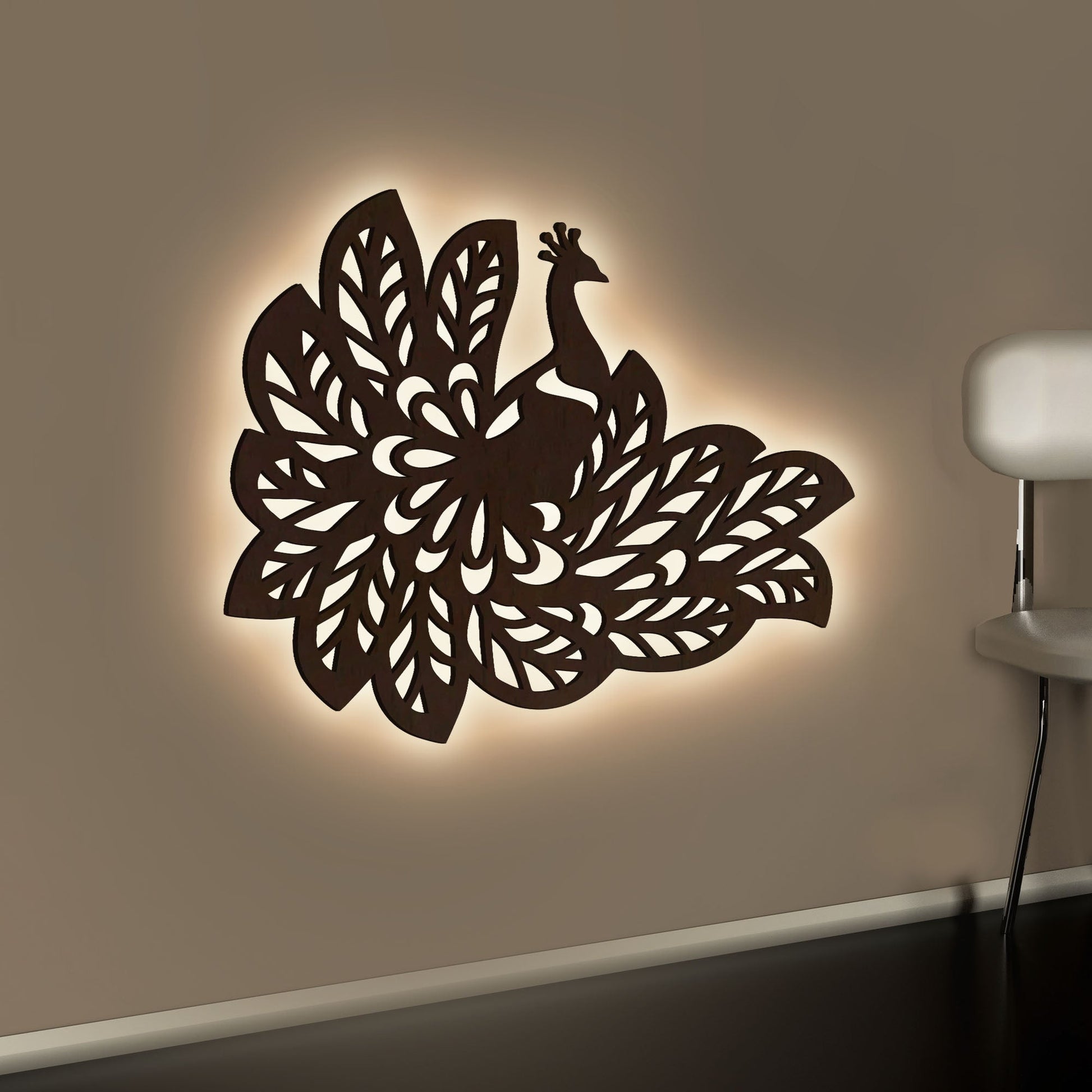 Beautiful Peacock Wings Designer Art Backlit Wooden Wall Decor