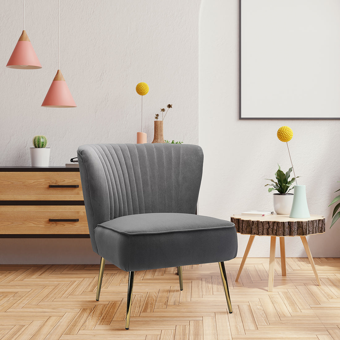 Classic Style Curved Back Grey Velvet Accent Chair - Main Image