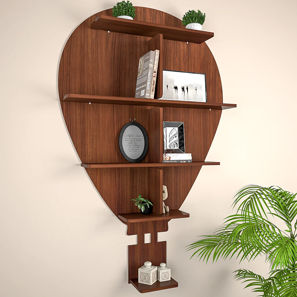 Designer Wooden Wall Shelf / Book Shelf / Night Light, Walnut Finish