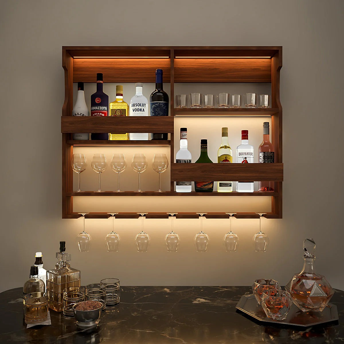 Luxurious Style Backlit Walnut Finished Mini Bar Shelf Homcraft