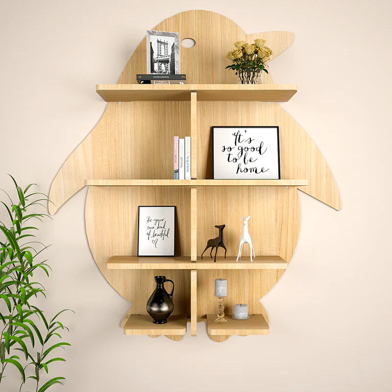 Designer Wooden Wall Shelf / Book Shelf / Night Light, Light Oak Finish