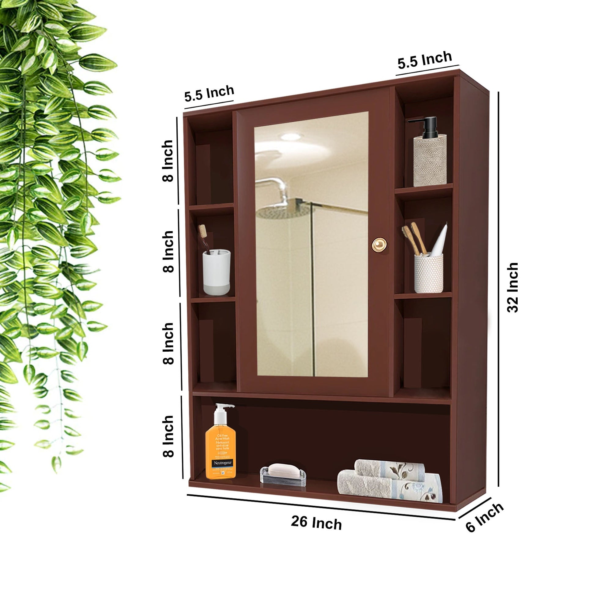 Brown Bathroom Cabinet with Mirror & 9 Spacious Shelves