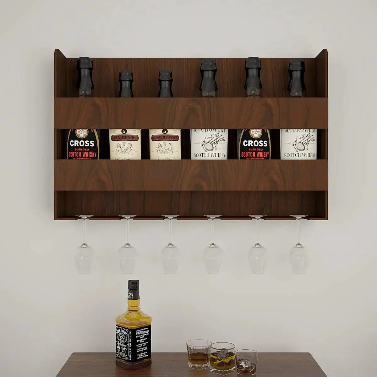 Design Backlit MDF Bar Wall Shelf / Mini Bar Shelf in Walnut Finish