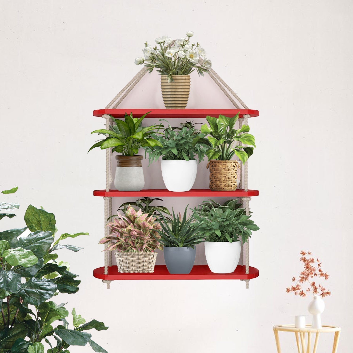 layered hanging planter Wooden Wall Hanging Planter Shelf with Rope Three Layer (Red Color) – Homcraft