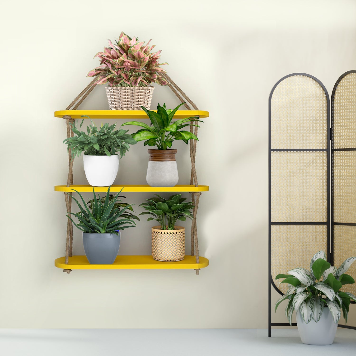 layered hanging planter Wooden Wall Hanging Planter Shelf, Cross Rope with Three Layer (Yellow – Homcraft