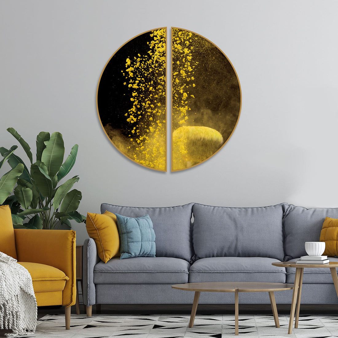 Yellow Cloud Texture Art in Dark Background Semi Circle Frames Set Of 2