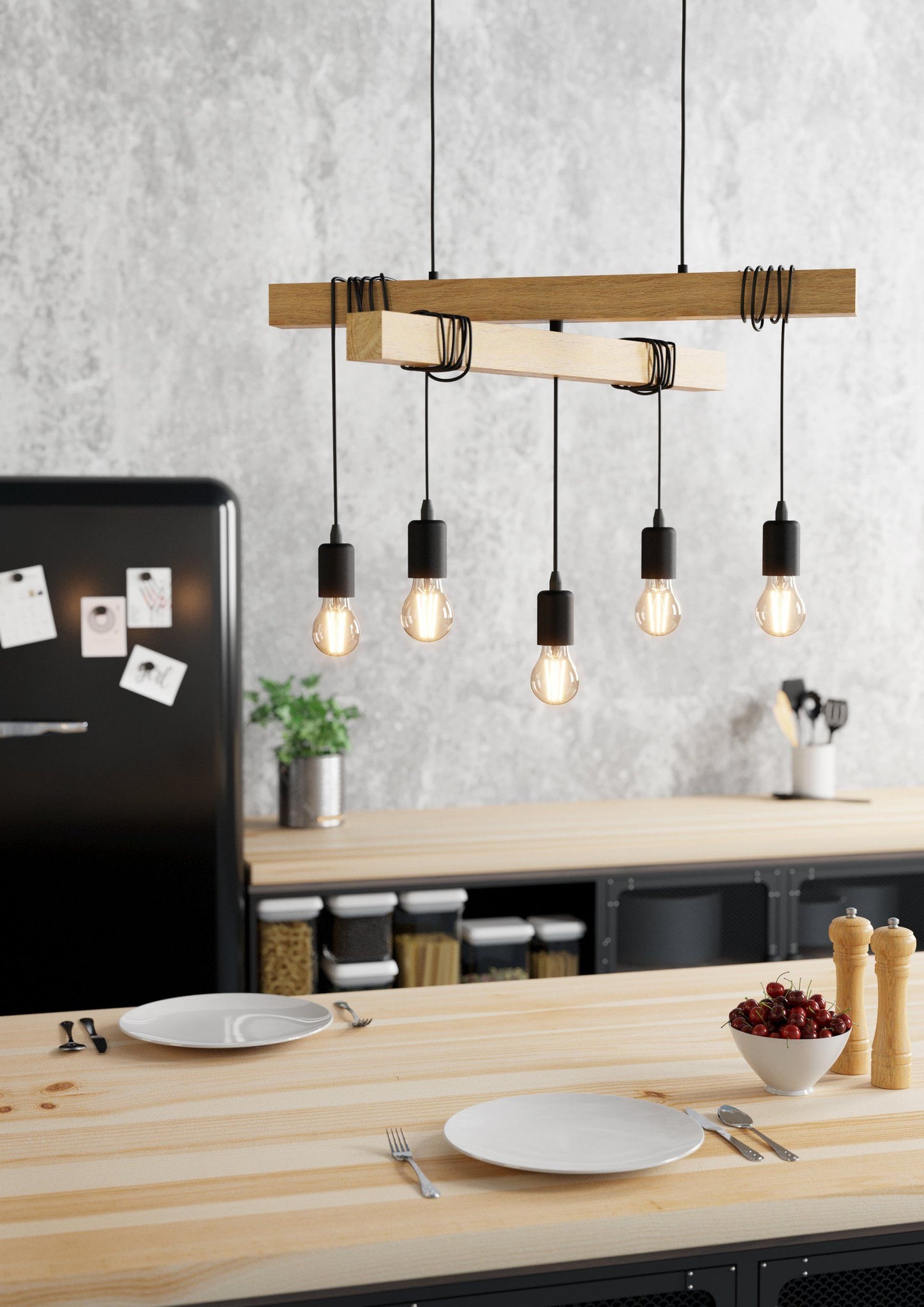 5 Light Black Steel Natural Wooden Bar Wooden Ceiling Light