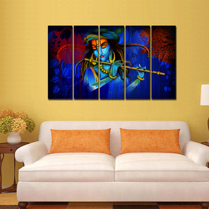 5 Pieces Canvas Wall Painting of Lord Krishna Playing Flute