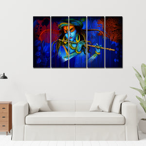 5 Pieces Canvas Wall Painting of Lord Krishna Playing Flute