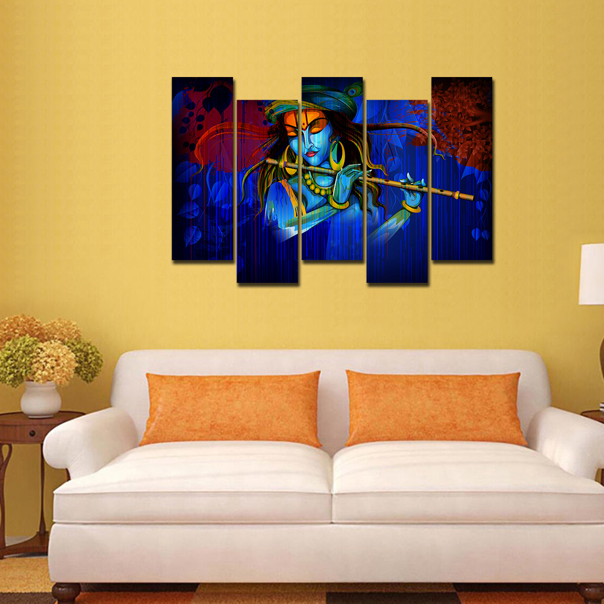 5 Pieces Canvas Wall Painting of Lord Krishna Playing Flute in Dark Forest