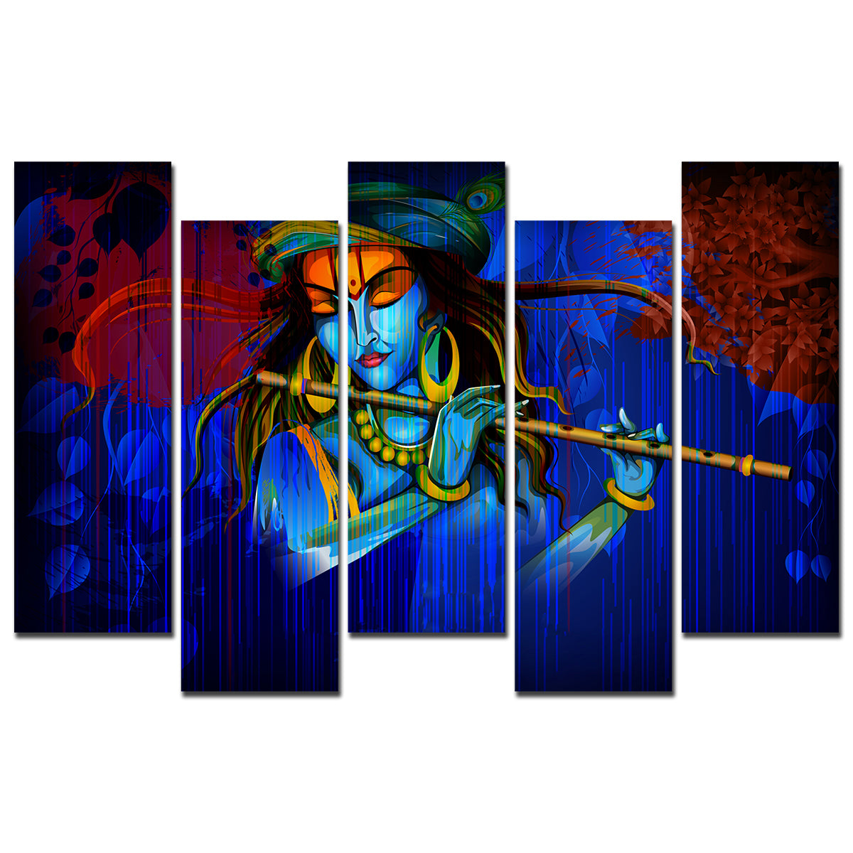 5 Pieces Canvas Wall Painting of Lord Krishna Playing Flute in Dark Forest