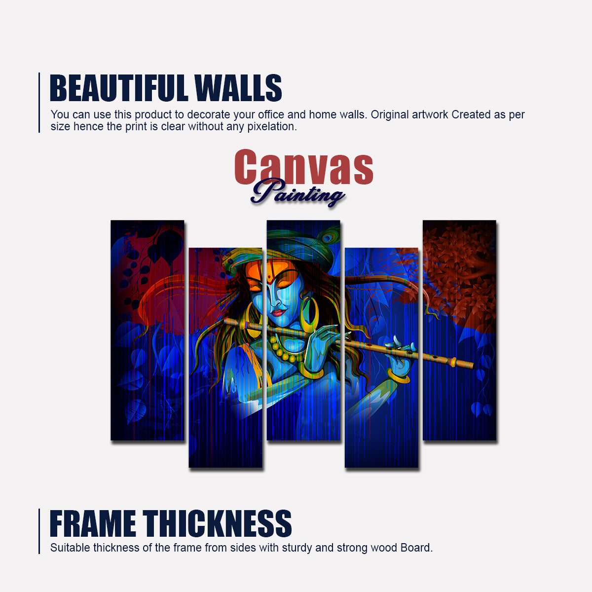 5 Pieces Canvas Wall Painting of Lord Krishna Playing Flute in Dark Forest