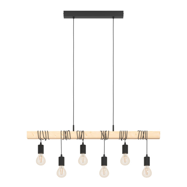 6 Light Black Steel Natural Wooden Bar Wooden Ceiling Light