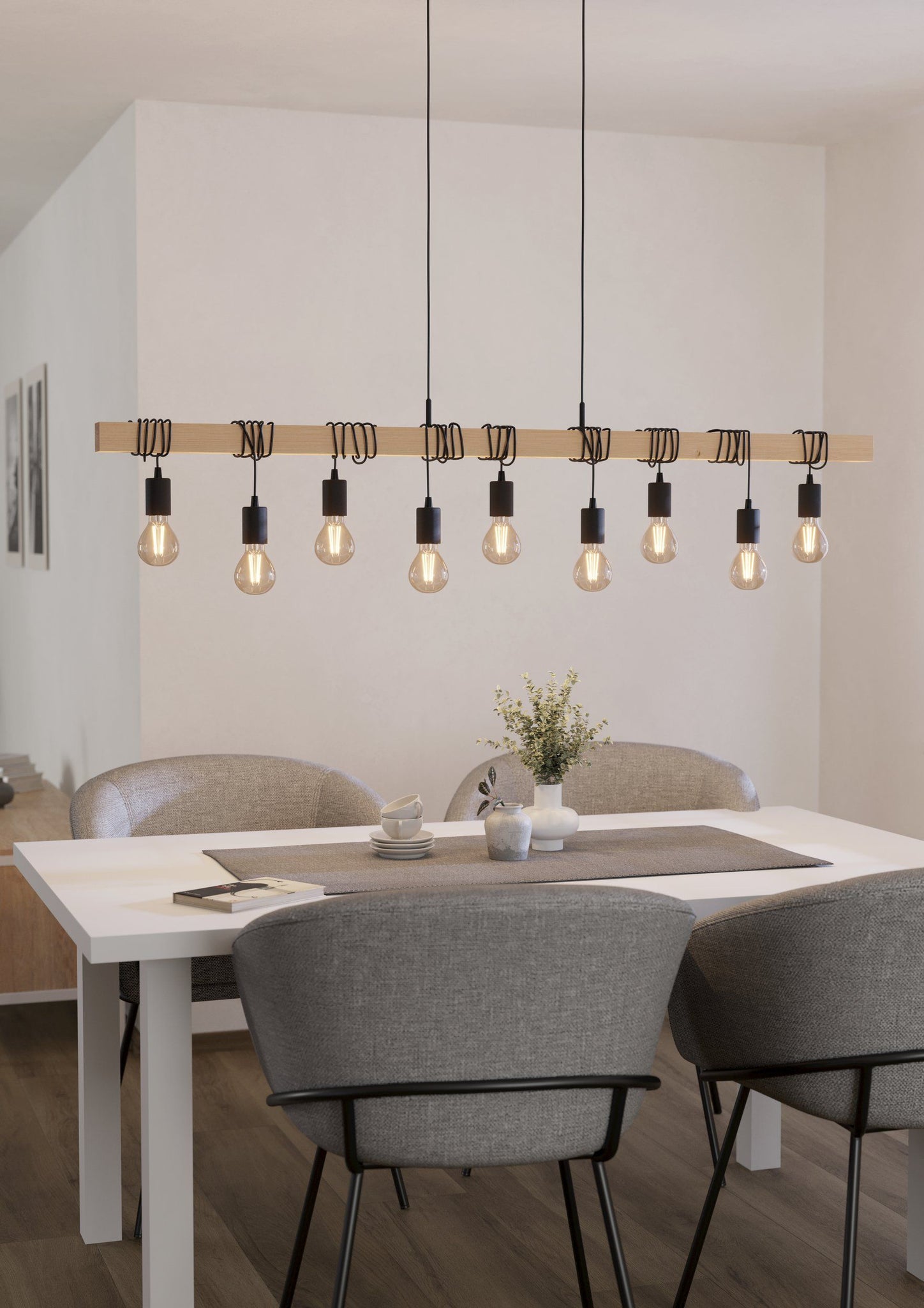 9 Light Black Steel Natural Wooden Bar Wooden Ceiling Light