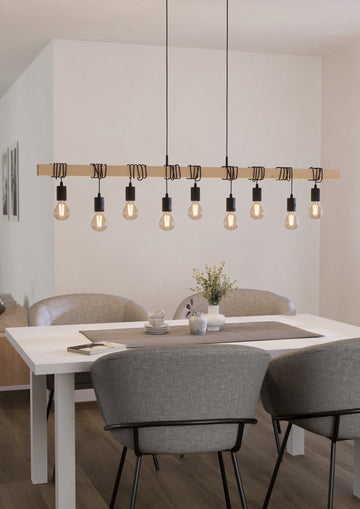 9 Light Black Steel Natural Wooden Bar Wooden Ceiling Light