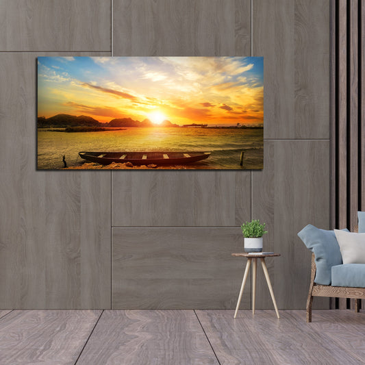 Beautiful Canvas Wall Painting of Boat on Beach & Sunset