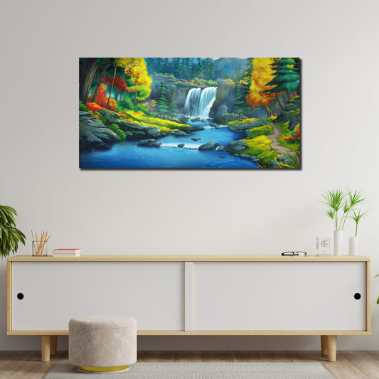 A Beautiful Scenery of Waterfall In Forest Canvas Wall Painting