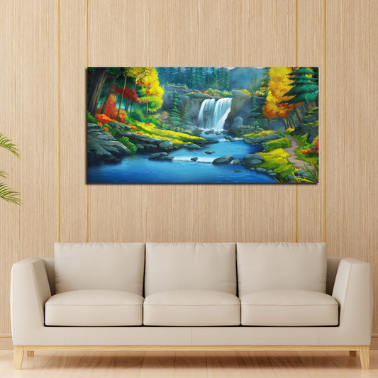 A Beautiful Scenery of Waterfall In Forest Canvas Wall Painting