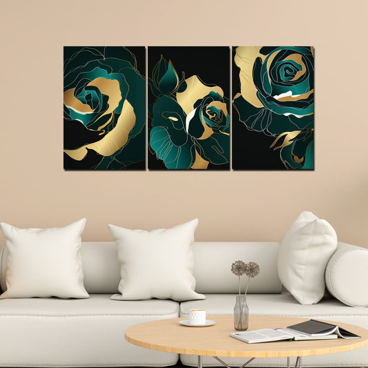 Abstract Line Art Rose Flower Wall Painting of 3 Pieces