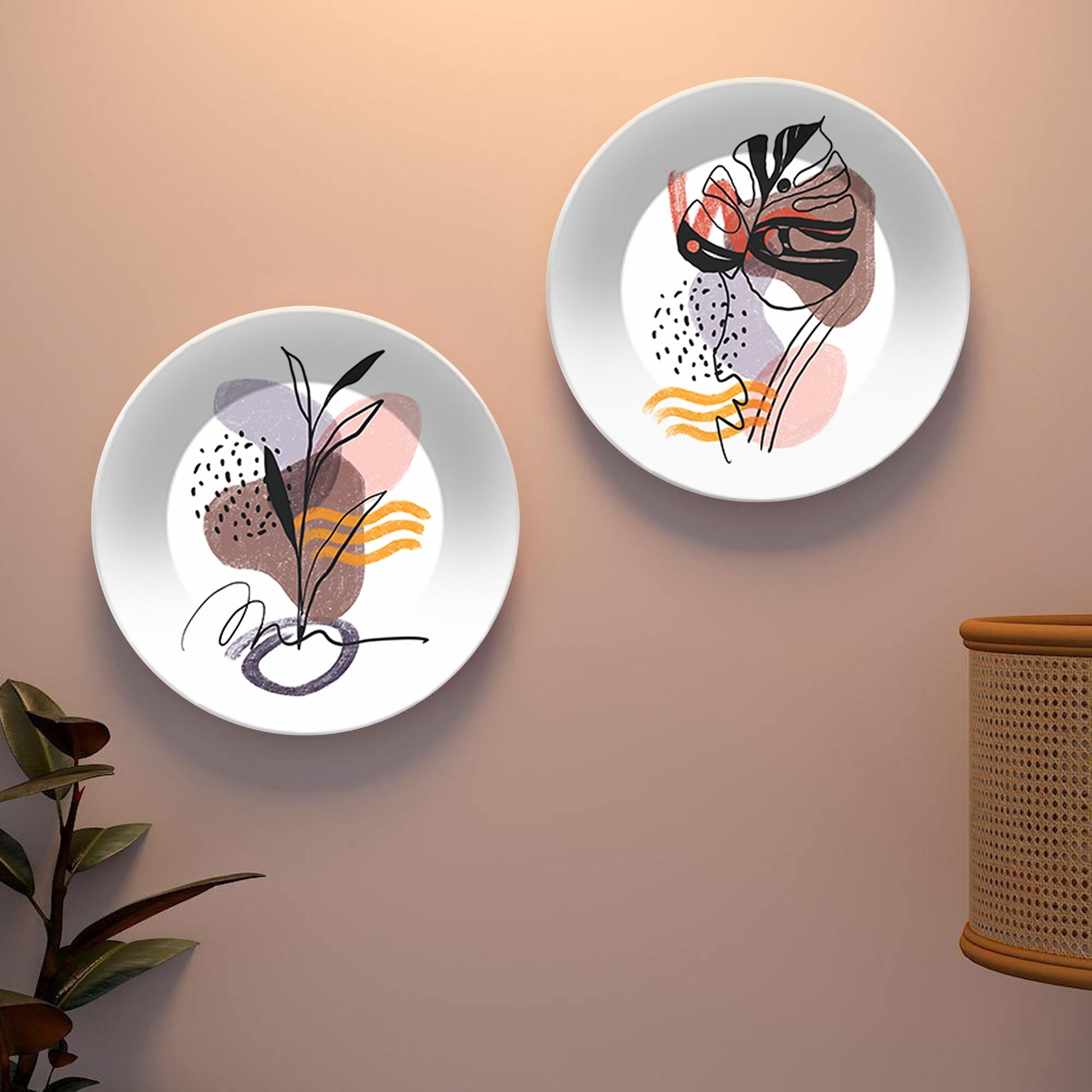 Abstract Line Art Ceramic Wall Hanging Plates of Two Pieces