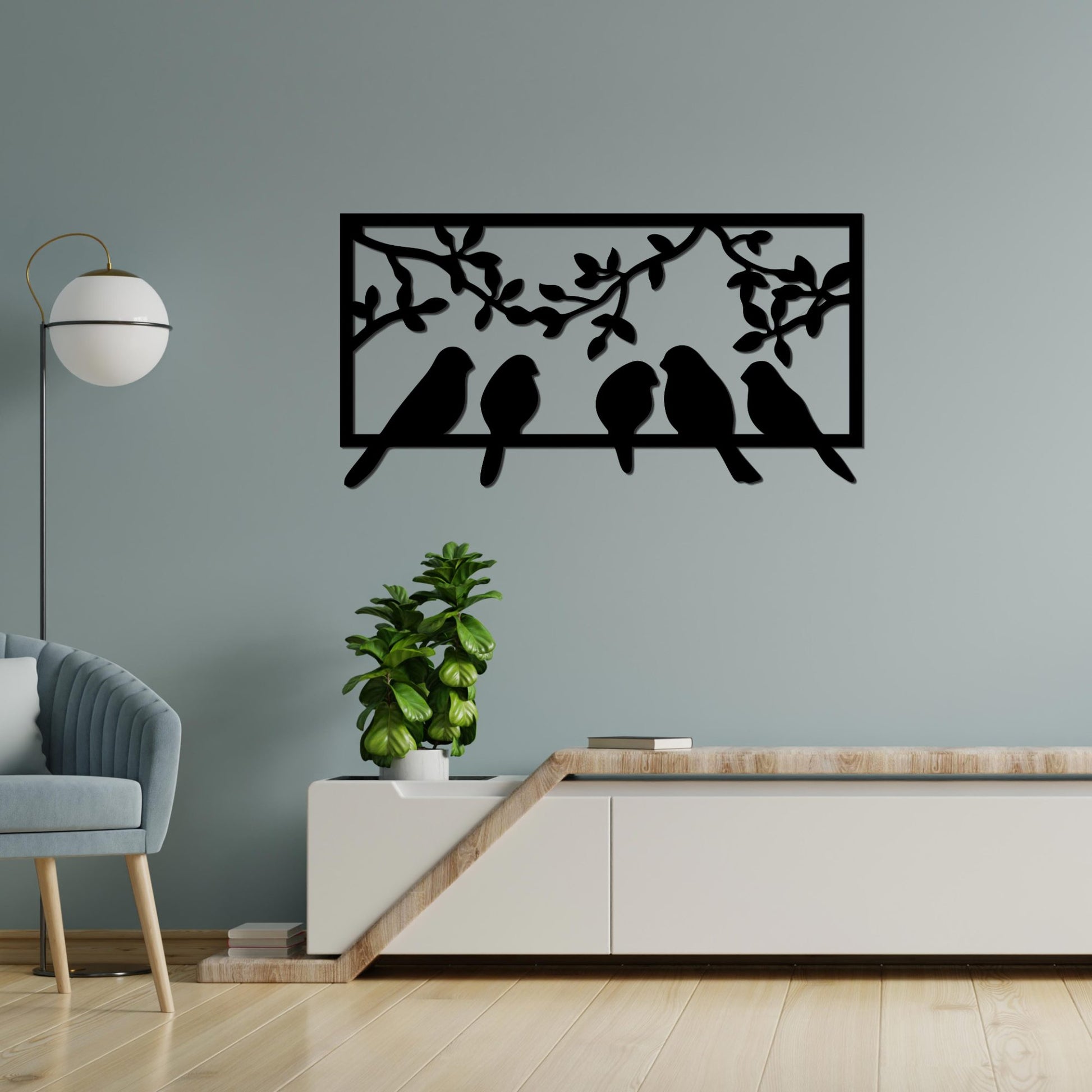 Beautiful Birds on Branch Black Color Design Wooden Wall Hanging