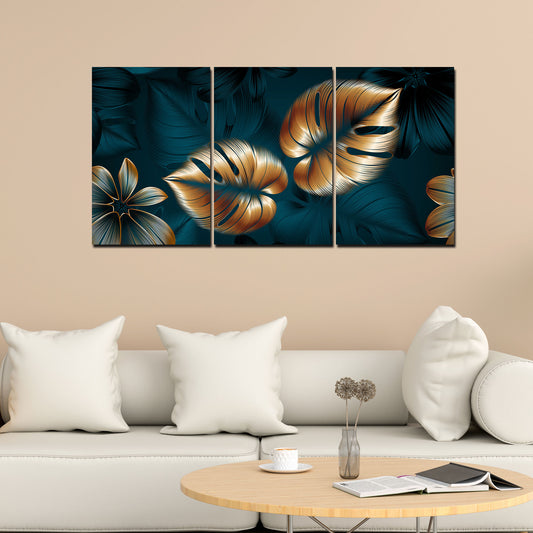 Beautiful Flower & Monstera Leaves Wall Painting of 3 Pieces