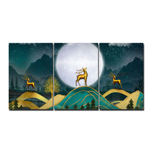 Beautiful Night Landscape Golden Deer Wall Painting of Three Pieces