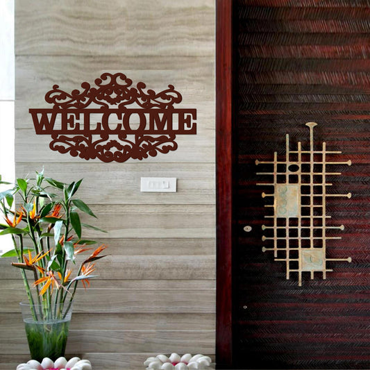 Beautiful Welcome in Mahogany Brown Color Design Wooden Wall Hanging