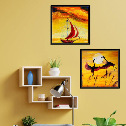 Boat & Cranes Sunset Wall Painting Two Pieces Floating Frame