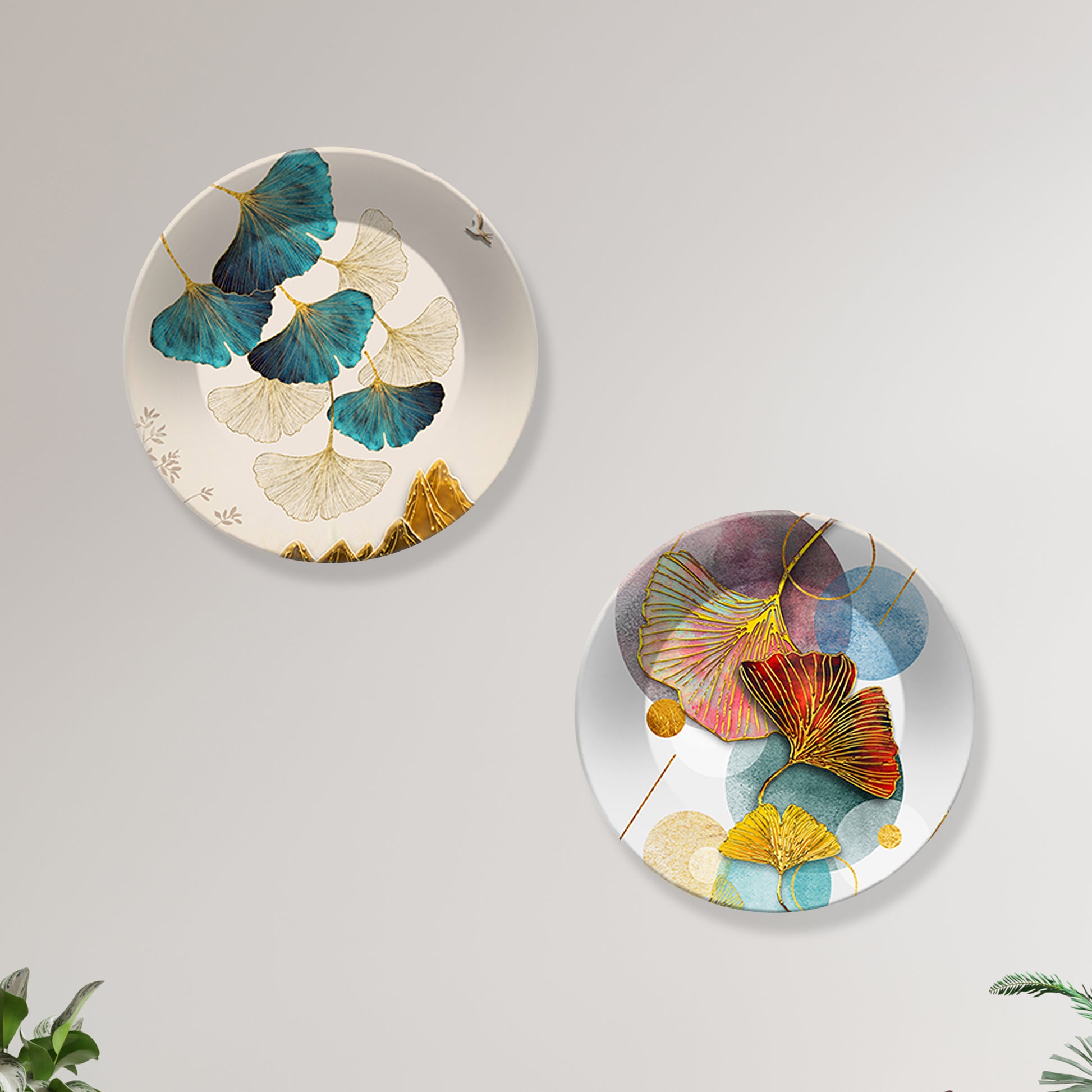 Colorful Flower Ceramic Wall Hanging Plates of Two Pieces