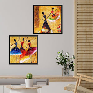 Dancing Women Warli Art Canvas Wall Painting of Two Pieces Floating Frame