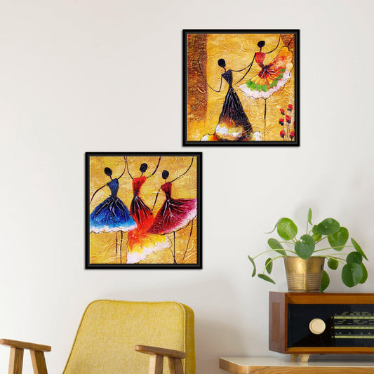 Dancing Women Warli Art Canvas Wall Painting of Two Pieces Floating Frame