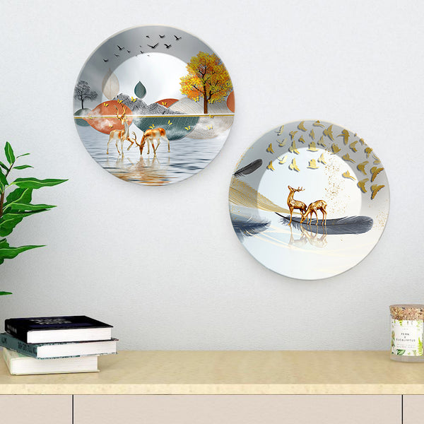 Deer at Lake Ceramic Wall Hanging Plates of Two Pieces
