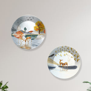 Deer at Lake Ceramic Wall Hanging Plates of Two Pieces