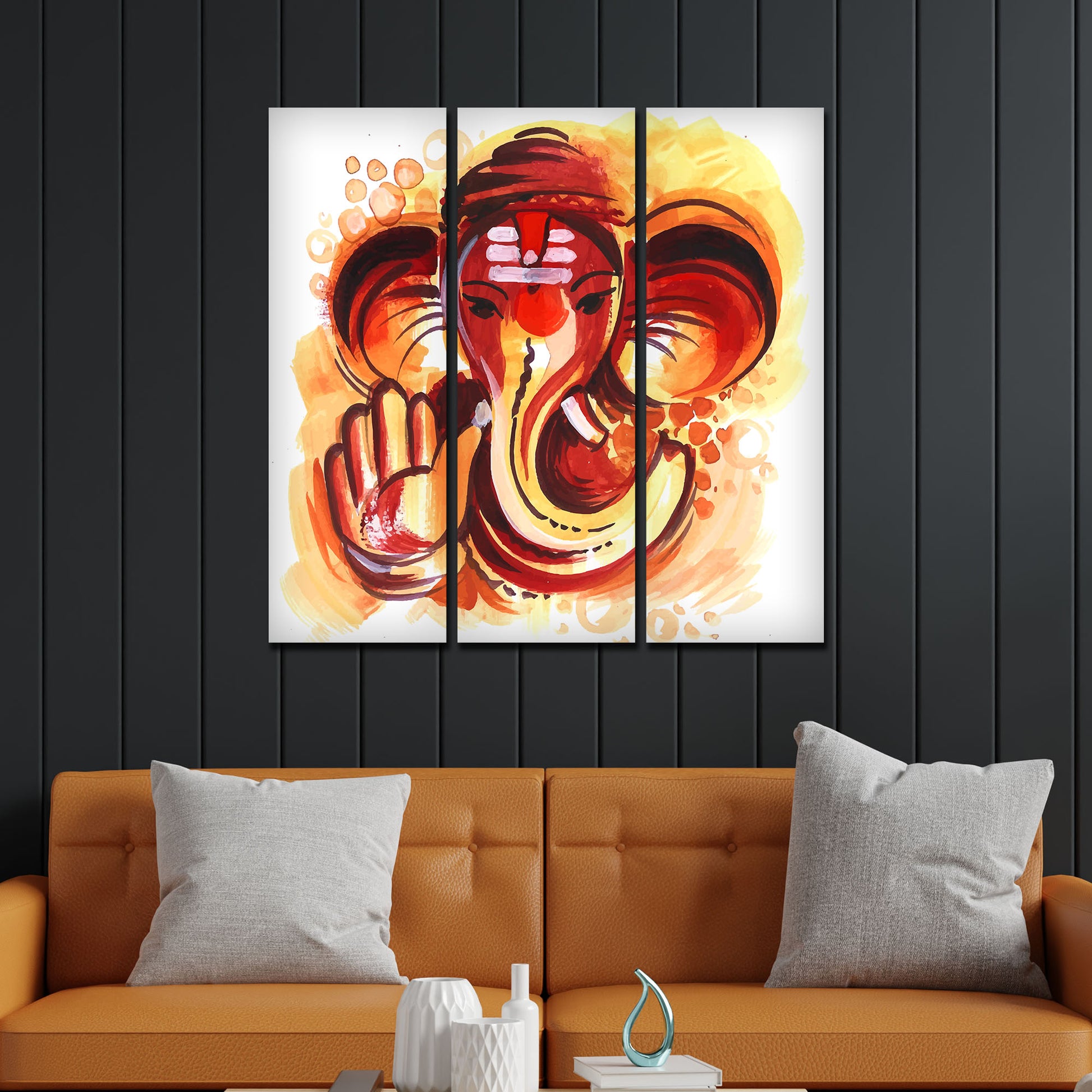 Deva Shree Ganesha Head Abstract Art Canvas Wall Painting Set of Three