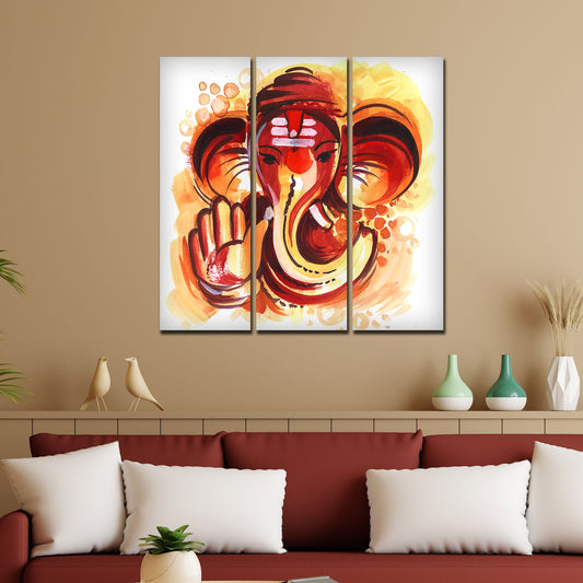 Deva Shree Ganesha Head Abstract Art Canvas Wall Painting Set of Three