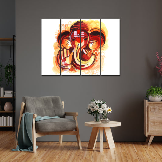 Deva Shree Ganesha Head Abstract Art Canvas Wall Painting Set of 4