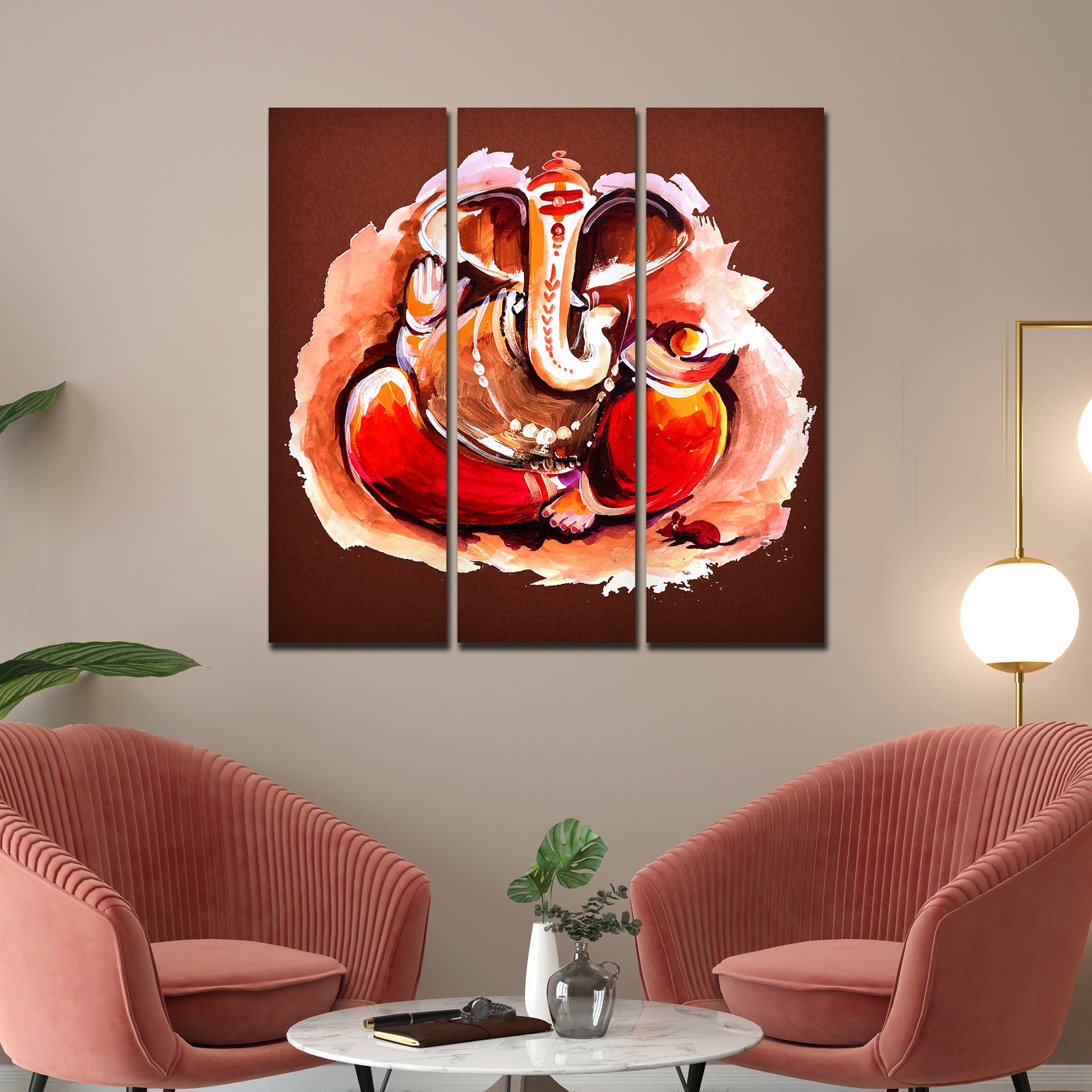 Devotional Lord Ganesha Abstract Art Wall Painting Set of Three