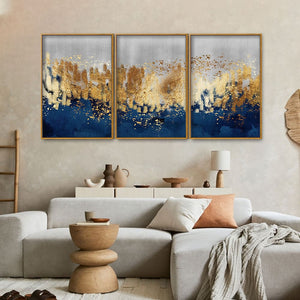 Modern Golden Art Textured Design Premium Floating Canvas Wall Painting Set of Three