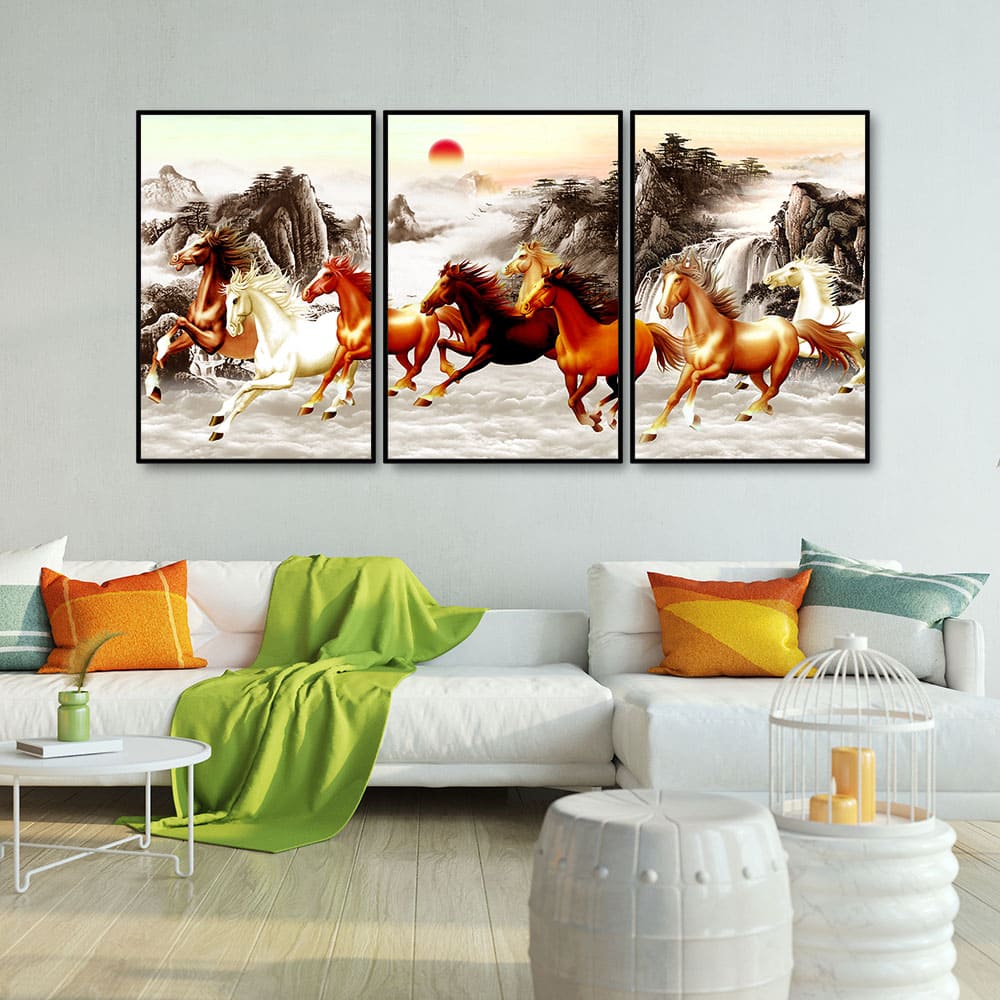 Beautiful Running Horses at Sunset Floating Canvas Wall Painting Set of 3