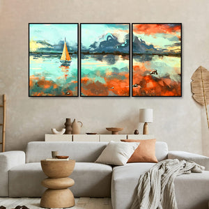 Colorful Art of Sea With Ship Floating Wall Painting Set of 3