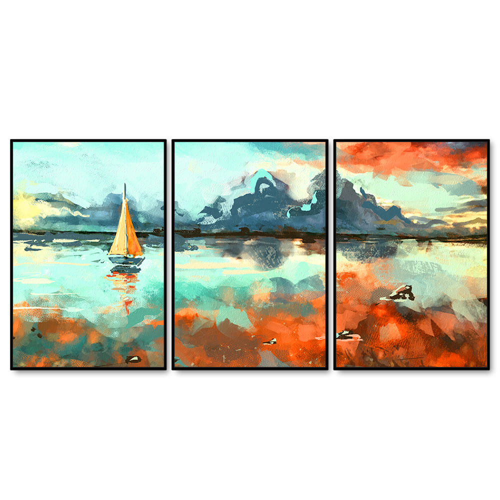 Colorful Art of Sea With Ship Floating Wall Painting Set of 3