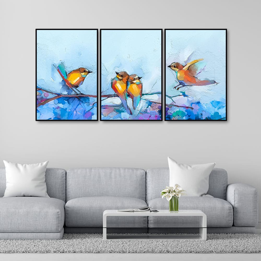 Couple Birds Colorful Art Premium Floating Wall Painting Set of 3