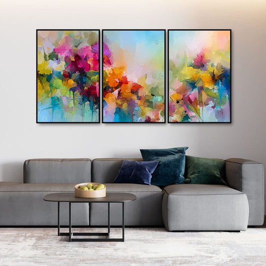 Colorful Flowers Beautiful Artwork Floating Canvas Wall Painting Set of Three